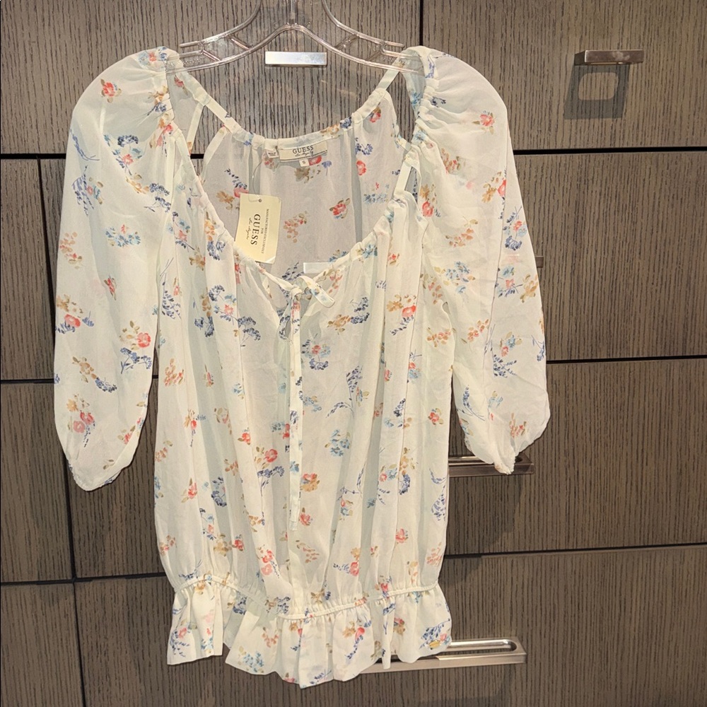 New Guess Floral Ditsy Y2K Sheer Sleeve Peasant Blouse  Top S